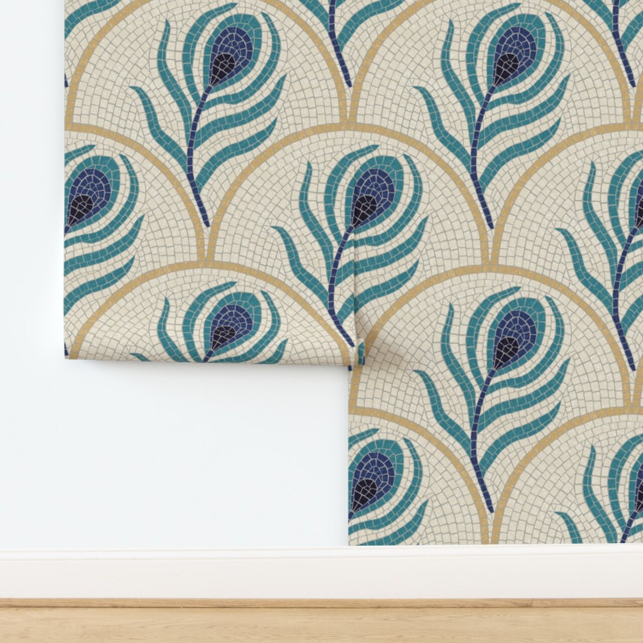 Art Deco Tiles Teal Blue Ivory Bold Faux Tile Feathers Maximalist Glam Custom Removable Wallpaper by Spoonflower Peel & Stick Wallpaper 2FT Wide